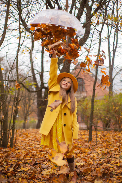 roztomilý krásný dospívající brunetka dívka v oranžovém klobouku, šaty a kabát drží transparentní deštník s padajícími listy nad ní. Útulnost, podzim. - Fotografie, Obrázek