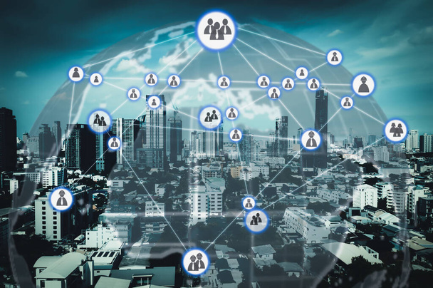 ワイヤレスネットワーク接続の概念を持つ都市、抽象通信技術の概念 . - 写真・画像