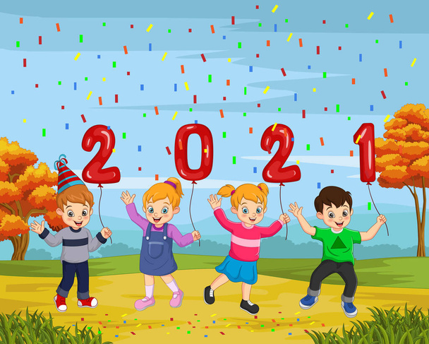 Illustrazione vettoriale di Felice anno nuovo 2021 con bambino che tiene un palloncino numeri - Vettoriali, immagini