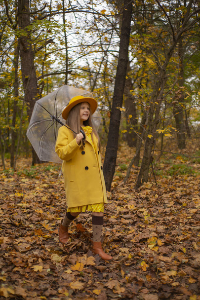 милая красивая девушка-подросток в оранжевой шляпе, платье и пальто ходьба с прозрачным зонтиком. Уют, осень. - Фото, изображение