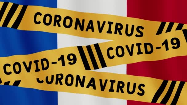 Animated concept caution quarantine. warning tape over France flag. Covid-19 Virus tape. Isolation attention animated motion graphic concept video. Corona virus pandemic information. - Footage, Video