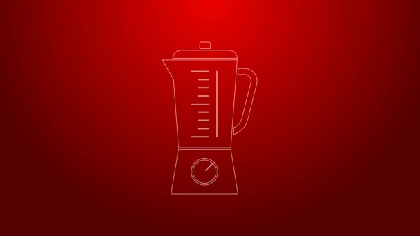 Zelená čára Blender ikona izolované na červeném pozadí. Elektrický stacionární kuchyňský mixér s miskou. Vaření koktejlů, koktejlů nebo džusů. Grafická animace pohybu videa 4K - Záběry, video