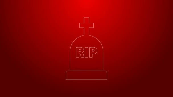 Zelená čára Tombstone s napsaným RIP ikona izolované na červeném pozadí. Ikona hrobu. Grafická animace pohybu videa 4K - Záběry, video