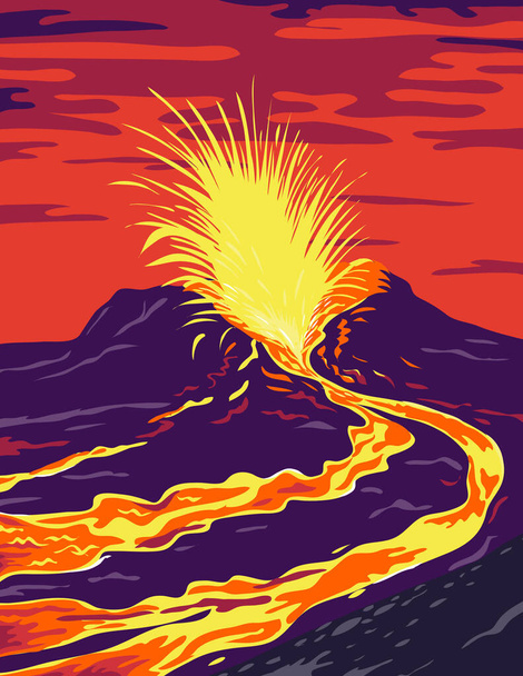 WPA poster art of Hawaii Volcanoes National Park with the active KIlauea volcano spewing lava in Hawaii County, Hawaii United States done in works project administration federal art project style. - Vector, Image