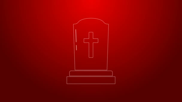 Lápida de línea verde con icono de cruz aislado sobre fondo rojo. Icono de tumba. Animación gráfica de vídeo 4K - Imágenes, Vídeo