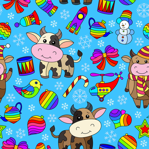 Безшовний візерунок на тему Нового року та Різдва, яскраві ялинкові іграшки, бики та сніжинки на синьому фоні
 - Вектор, зображення
