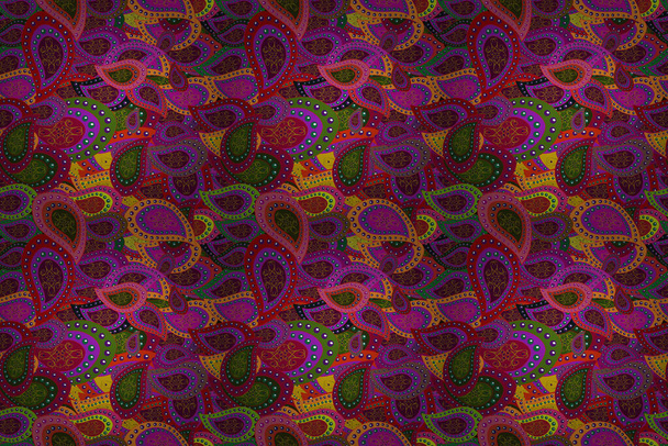 Raster texture. Seamless pattern Beautiful fabric background. Illustration. Doodles on a purple, red and green colors. - Photo, Image
