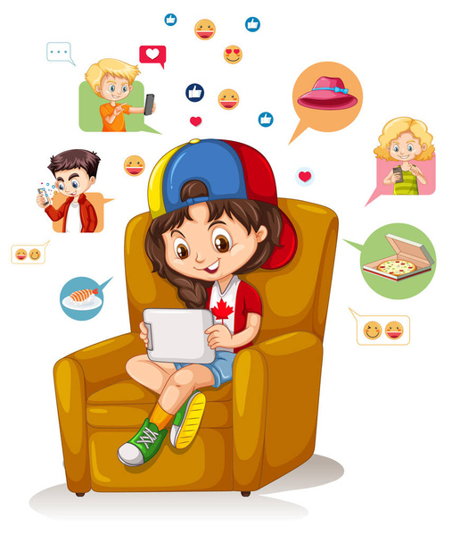 Діти з елементами соціальних мереж на ілюстрації на білому тлі
 - Вектор, зображення