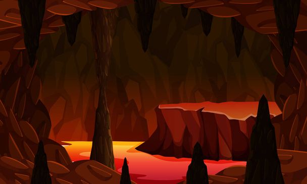 Адская темная пещера с иллюстрацией лавовых сцен - Вектор,изображение