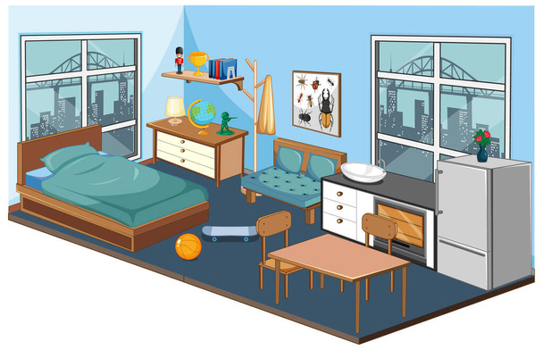 Інтер'єр спальні з меблями та елементами декору в синій тематиці ілюстрація
 - Вектор, зображення