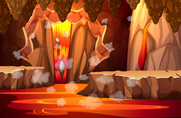 Адская темная пещера с иллюстрацией лавовых сцен - Вектор,изображение