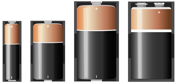 Tipi di batteria alcalina isolata su sfondo bianco illustrazione - Vettoriali, immagini
