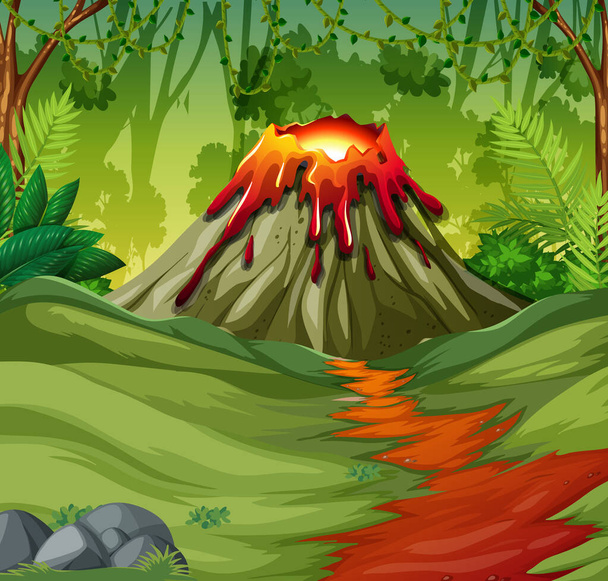 Erupción volcánica en la escena del bosque natural durante el día ilustración - Vector, imagen