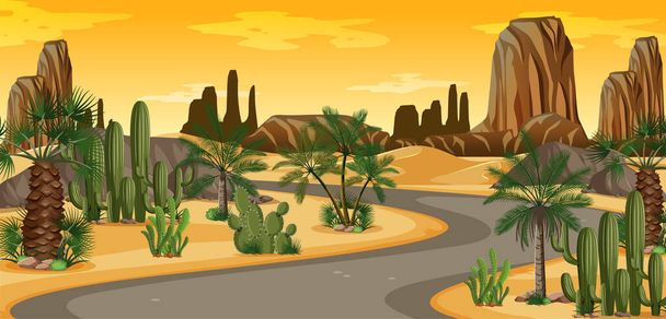 Oasi desertica con palme e strada natura paesaggio scena illustrazione - Vettoriali, immagini