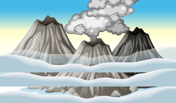 Volcano eruption in the sky with clouds scene at daytime illustration - Vector, Image