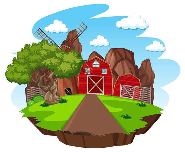 Azienda agricola con fienile rosso e mulino a vento su sfondo bianco illustrazione - Vettoriali, immagini