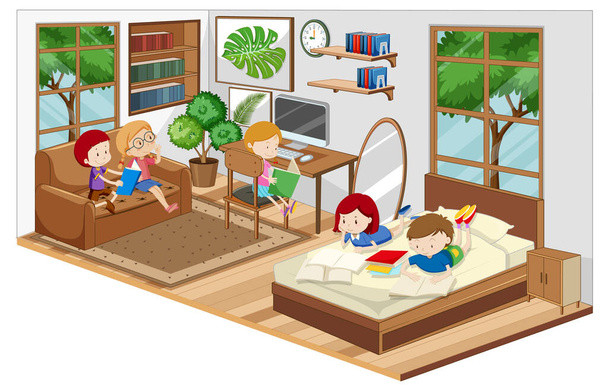 Дети в гостиной с иллюстрацией мебели - Вектор,изображение