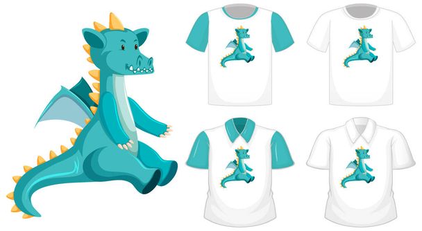 白い背景のイラストに隔離された青の短い袖と異なる白いシャツのドラゴン漫画のキャラクターロゴ - ベクター画像