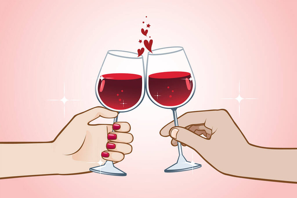 Les mains tenant des verres à vin rouge pour s'accrocher sur fond rose.Saint Valentin. - Vecteur, image