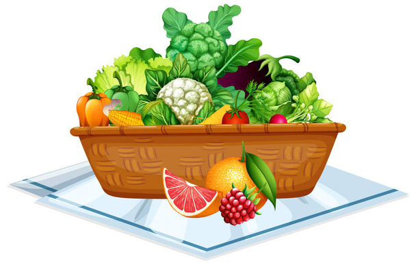 Овощи и фрукты в корзине изолированы на белом фоне иллюстрации - Вектор,изображение
