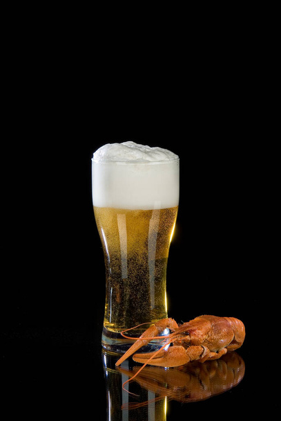 Glass of bier and crawfish on a glass background - Fotó, kép