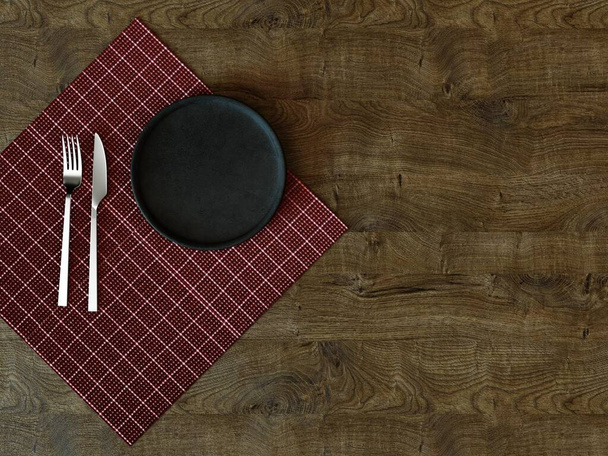 3D rendering. A set of utensils for presentation on a dark background. Table setting. Dish design. Restaurant art. - Photo, Image