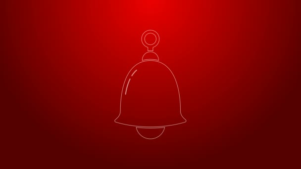 Línea verde Timbre icono de campana aislado sobre fondo rojo. Símbolo de alarma, campana de servicio, señal de timbre, símbolo de notificación. Animación gráfica de vídeo 4K - Metraje, vídeo