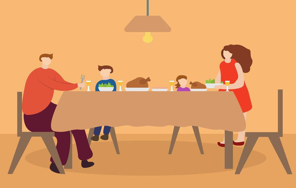 家族のイラストベクトルデザインは感謝祭を祝い、彼らはダイニングルームで一緒に食べる - ベクター画像