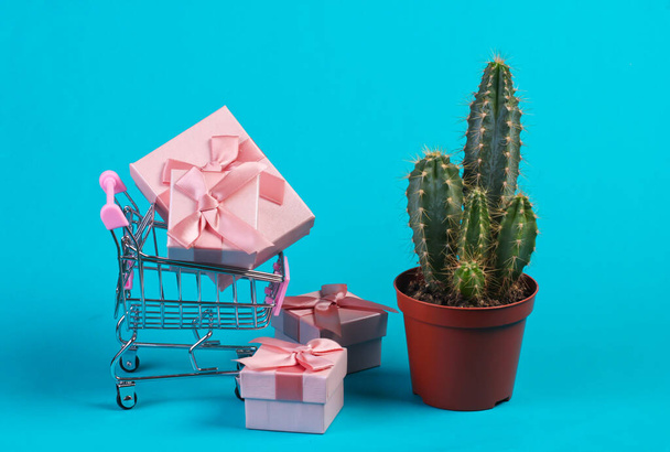 Cactus en maceta y carrito de compras con cajas de regalo sobre fondo estudio azul. Minimalismo - Foto, Imagen