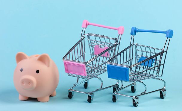Shopping trolley with piggy bank close-up on blue background - Fotoğraf, Görsel