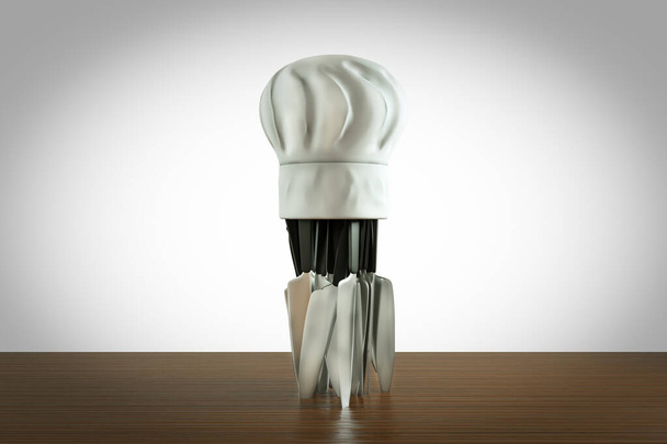 Close-up van chef-kok hoed met een groep chef-kok keukenmes in wit-grijze achtergrond. Kookidee of voedselbereiding of creatief om werkconcept te produceren. 3D illustratie - Foto, afbeelding
