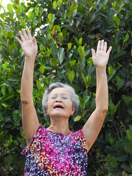 Femme asiatique âgée aux cheveux blancs courts souriant et les mains en l'air pour des exercices tout en se tenant dans un jardin. Espace pour le texte. Concept de personnes âgées et de soins de santé. - Photo, image