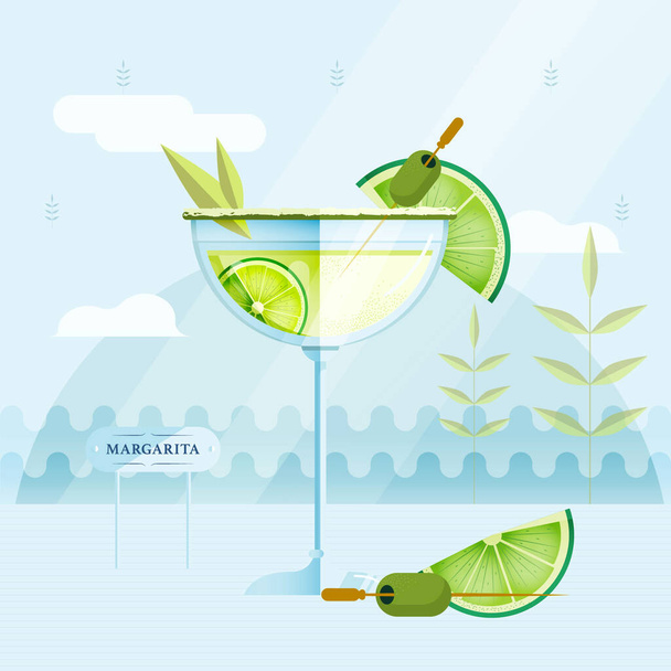 Illustrazione vettoriale di bicchiere di Margarita Cocktail con fetta di calce e oliva su sfondo blu. Piatto. Concetto di poster della rivista. Design menu bar. - Vettoriali, immagini