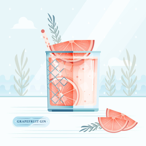 Illustrazione vettoriale di vetro di pompelmo Gin Cocktail con fette di pompelmo, rosmarino e paglia su sfondo blu. Piatto. Concetto di poster della rivista. Design menu bar. - Vettoriali, immagini