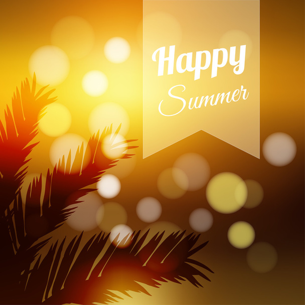 Beautiful summer greeting card, tropical sunset with palm leaves and bokeh effect, vector illustration background - ベクター画像