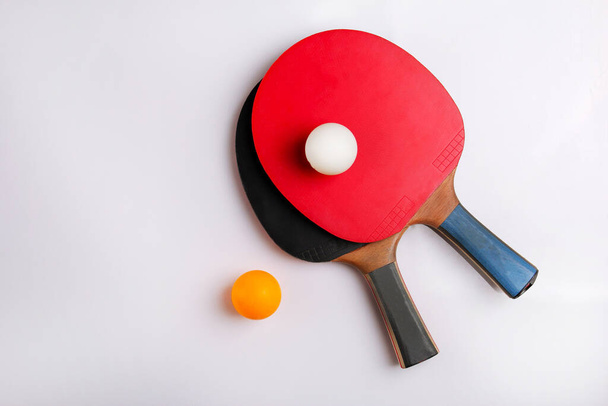 sport, ping pong rackets with balls on white background - Φωτογραφία, εικόνα