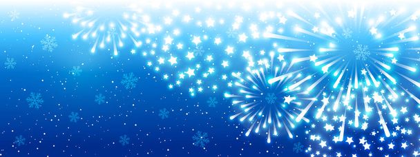 Błyszczące fajerwerki na niebieskim tle - poziomy baner panoramiczny na Boże Narodzenie i Nowy Rok projekt wakacyjny - Wektor, obraz