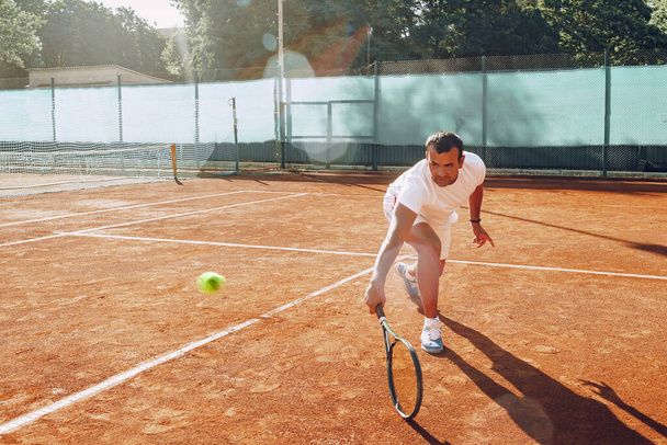 Fit man plays tennis on tennis field - Фото, изображение
