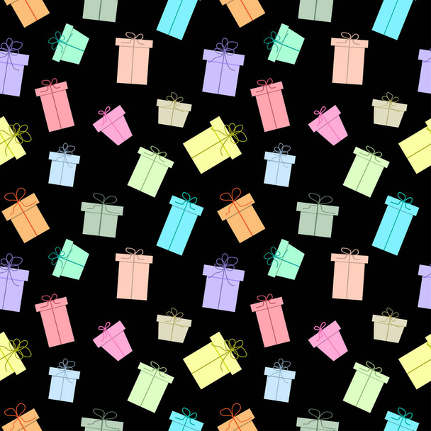 Seamless wallpaper from gift boxes on a black background. - Vector, Image