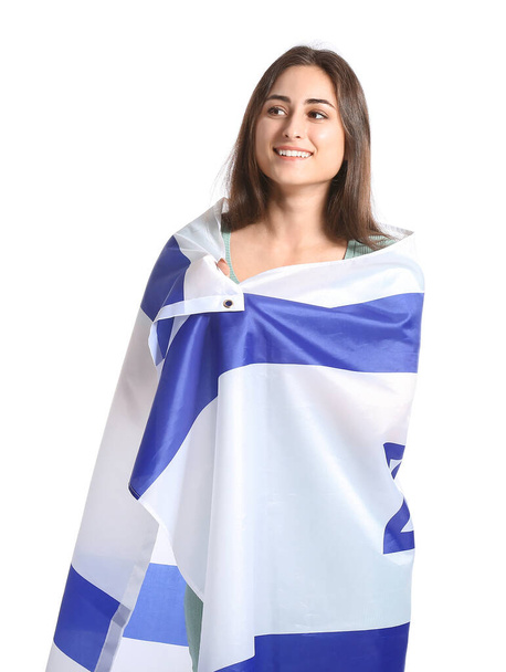 Молодая женщина с флагом Израиля на белом фоне - Фото, изображение