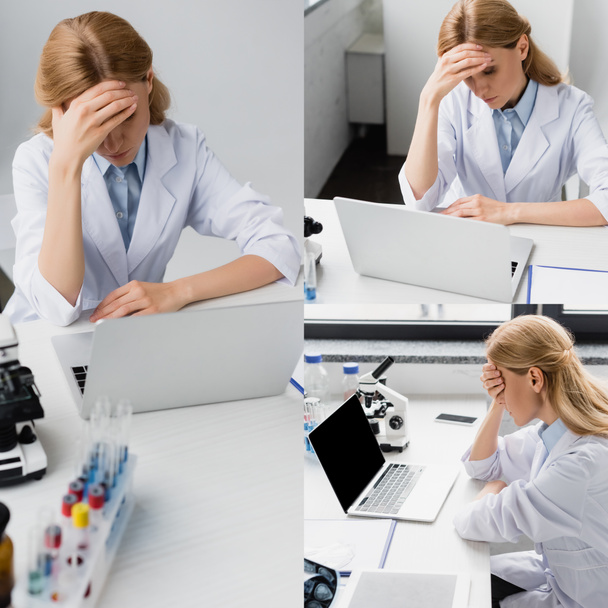 collage de científico molesto mirando el ordenador portátil y cubriendo los ojos cerca de muestras - Foto, imagen