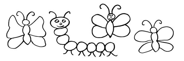 Kinder zeichnen per Hand Schmetterlinge und Raupen. Vektorillustration - Vektor, Bild