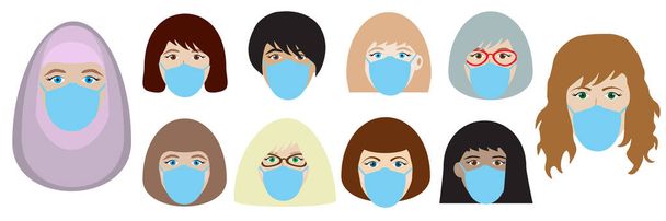 Rostros femeninos con máscara médica. Conjunto de mujeres cabezas, avatares. Régimen de máscara en epidemia de infección. Ilustración vectorial. - Vector, imagen
