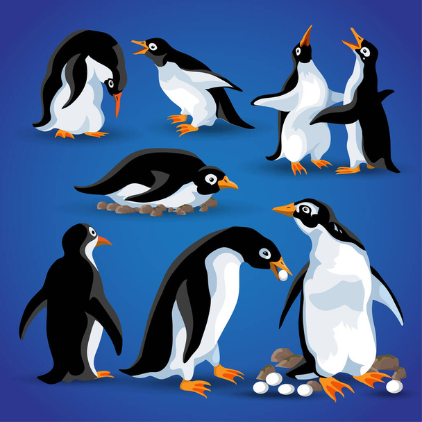 Pinguins engraçados em diferentes poses de ação. Mascotes de desenhos animados isolar. Pinguim personagem pássaro animal, pinguim feliz, família com ovos, ninho de pinguim, emoções. Ilustração vetorial - Vetor, Imagem