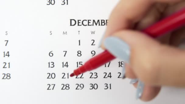 Femme cercle de main jour dans la date du calendrier avec un marqueur rouge. Business Basics Planificateur et organisateur de calendrier mural. 28 décembre - Séquence, vidéo
