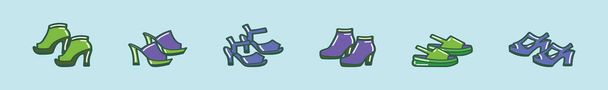 女性の靴のセット。様々なモデルの漫画アイコンデザインテンプレート。青の背景に隔離された現代のベクターイラスト - ベクター画像