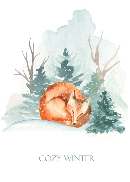Watercolor card with winter forest, animal sleeping fox in the snow Cozy winter - Photo, Image