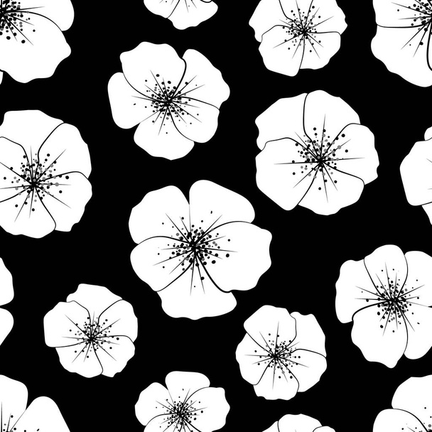 black and white seamless pattern with a stylized cherry blossom. Decor for textiles and Wallpaper. - Wektor, obraz