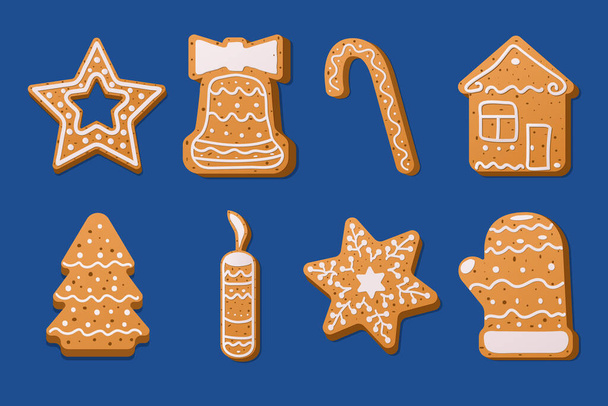 Conjunto de pan de jengibre de Navidad sobre un fondo azul. - Vector, imagen