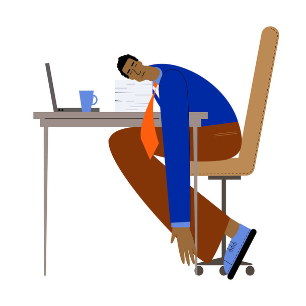 Aufschub und Verzögerung von Arbeitsaufgaben Konzept. Müder oder fauler Geschäftsmann, der am Arbeitsplatz schläft und am Schreibtisch mit Computer liegt. Hört auf zu arbeiten, entspannt euch einfach. - Vektor, Bild
